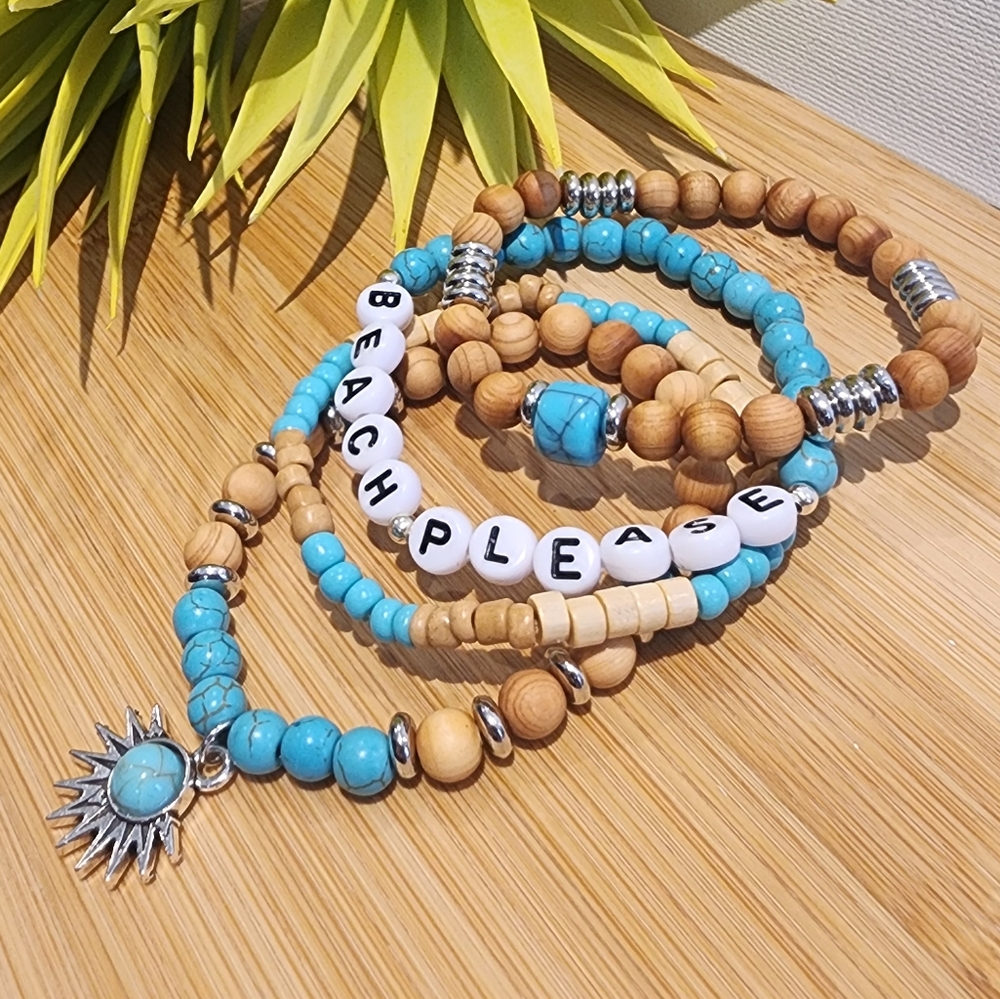 🆕️Beach Please Turquoise and Wood Beaded Bracelet Set